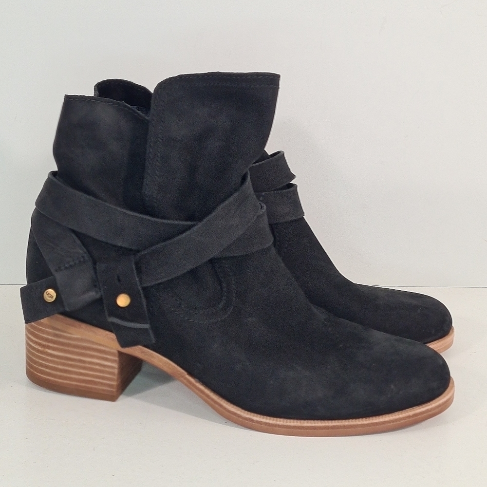 UGG Elora Black Suede Nubuck Leather Ankle Boots Moto Biker Women’s 8.5
